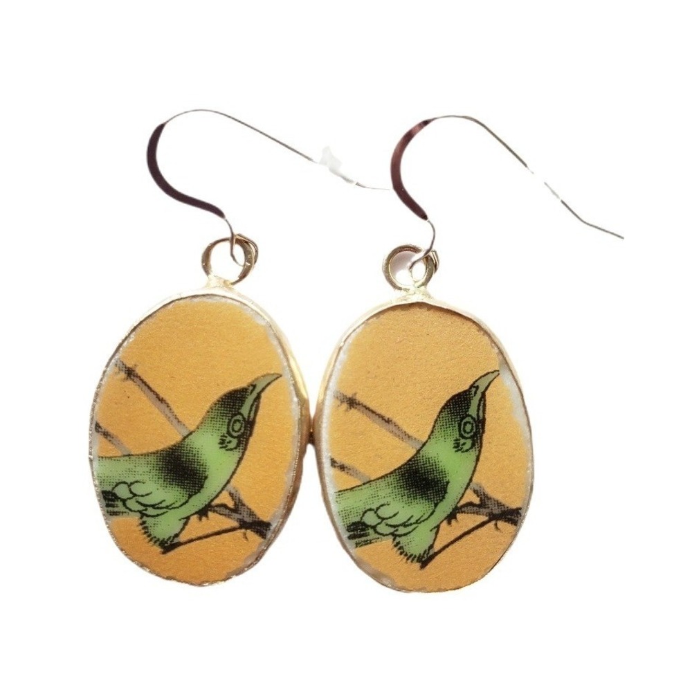 Handmade Green Bird Pottery Shard‎ Earrings Yellow Oval Porcelain Dangle Silver